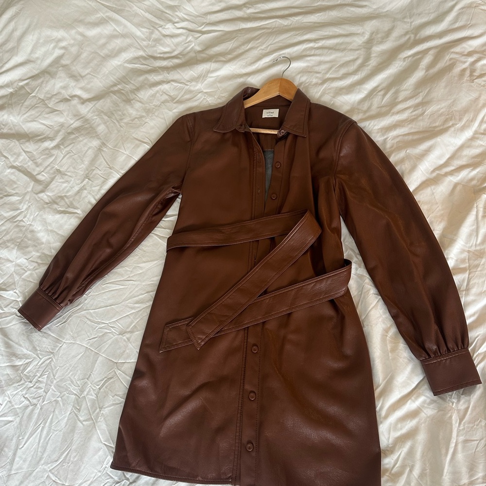 Brown Faux Leather Shirt Dress